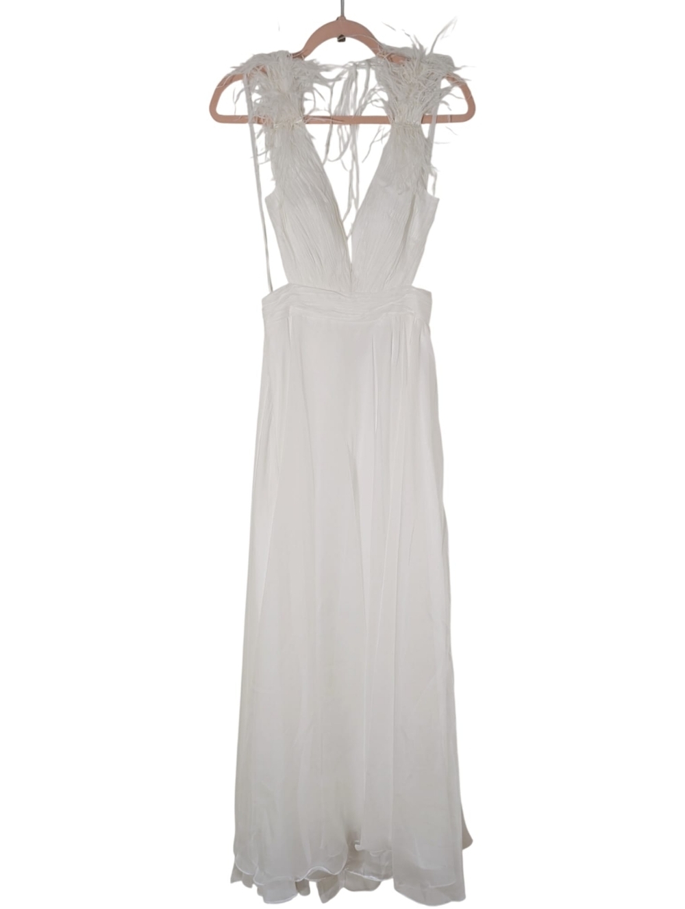 Mac Duggal 68113 White Plunge Ostrich Feather A-Line Corset Back Gown 6 NWT - Picture 6 of 14